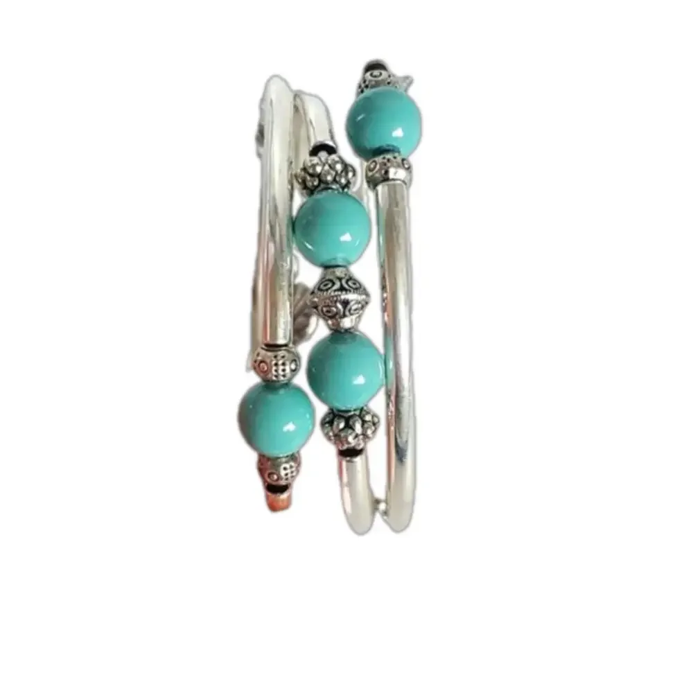 Turquoise Green Boho Beaded Statement 3 coil memory wire cuff bracelet - Picture 3 of 7